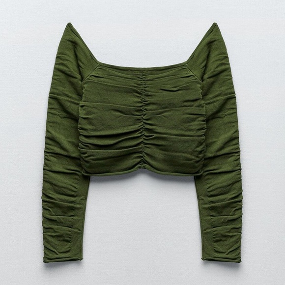 Zara NWOT Olive Green Ruched Long Sleeve Top - Picture 1 of 9